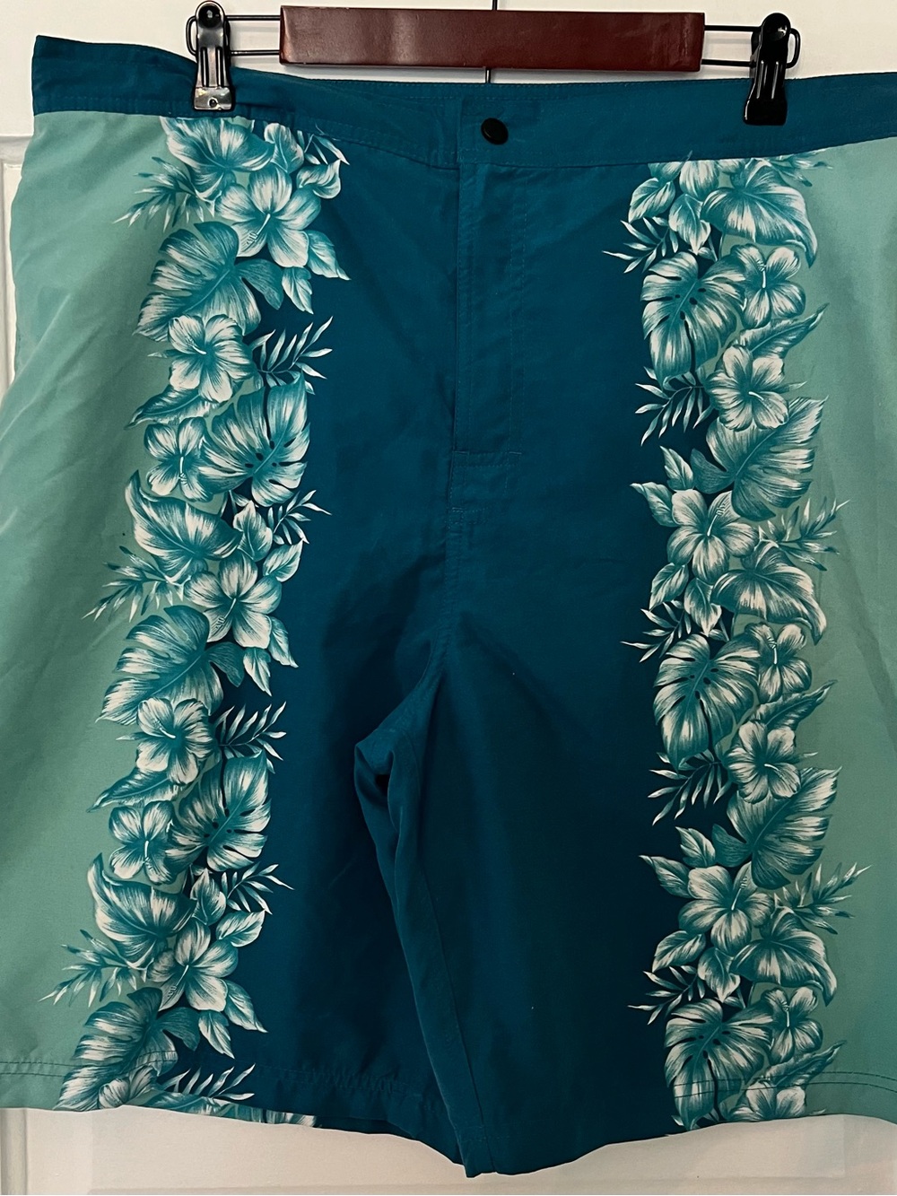 Men's XL Teal Floral Stripe Swim Trunks Summer Hawaiian Style